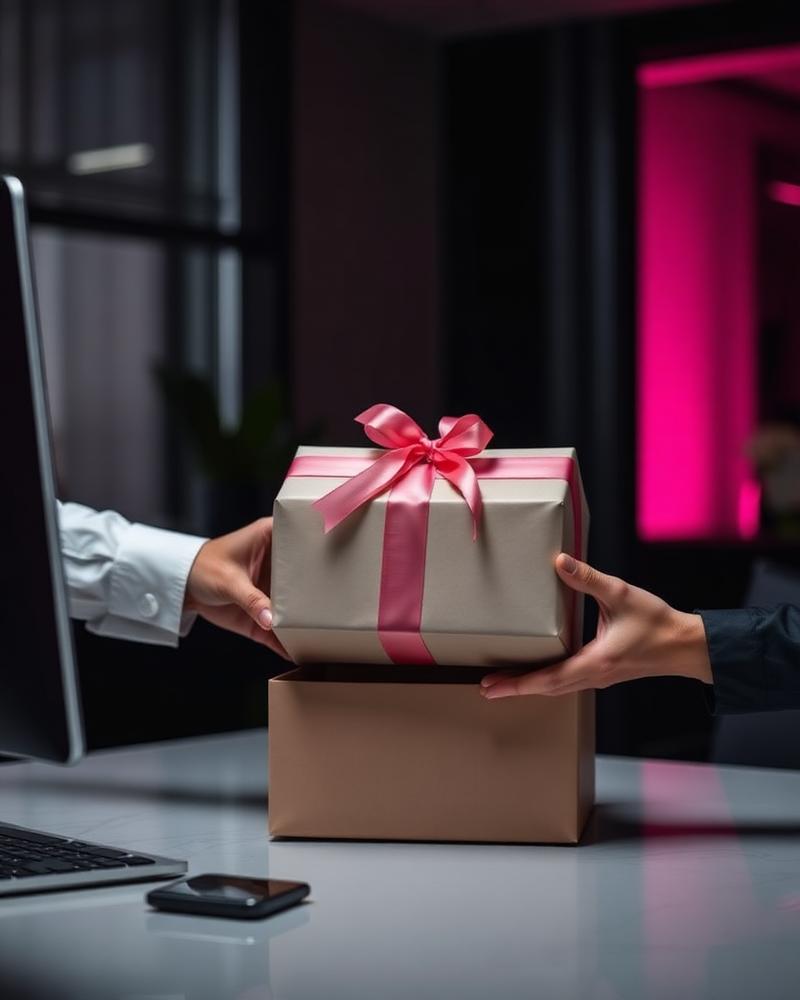 Gift handed over at an office desk