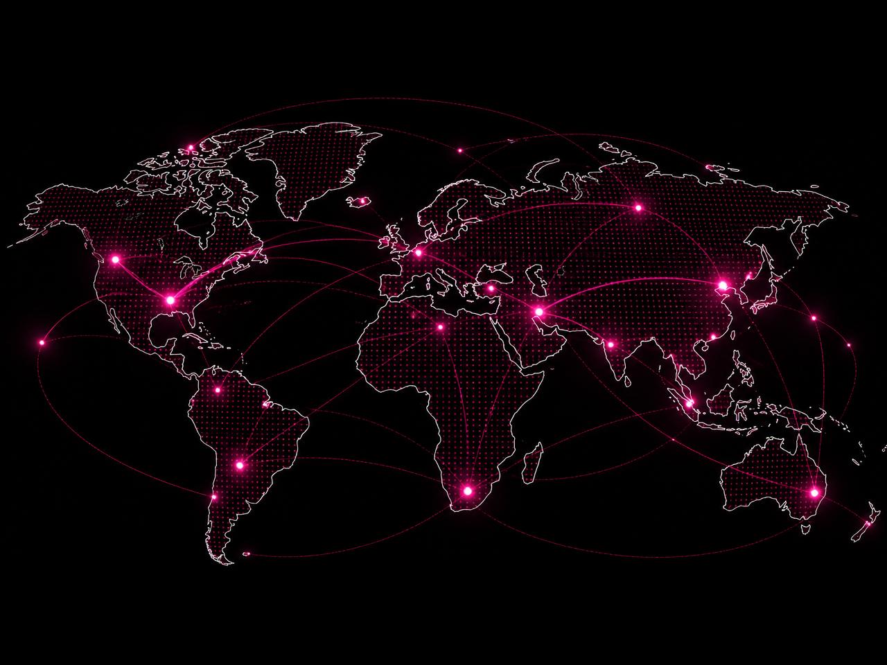 Stylized world map with magenta delivery points across continents